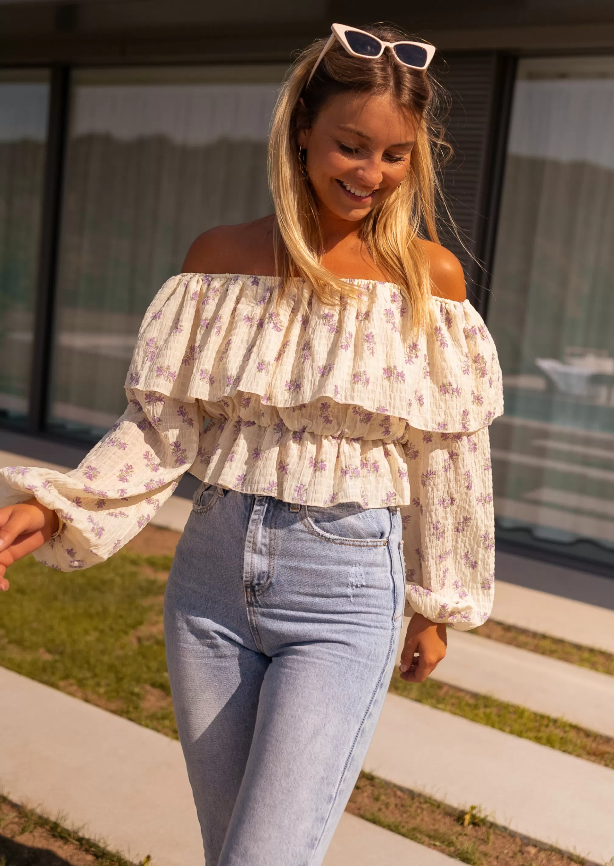 Beige Paola Blouse And Purple Flower | Bardot Collar Blouse | Ready To-Porter Online | -Easy Clothes New