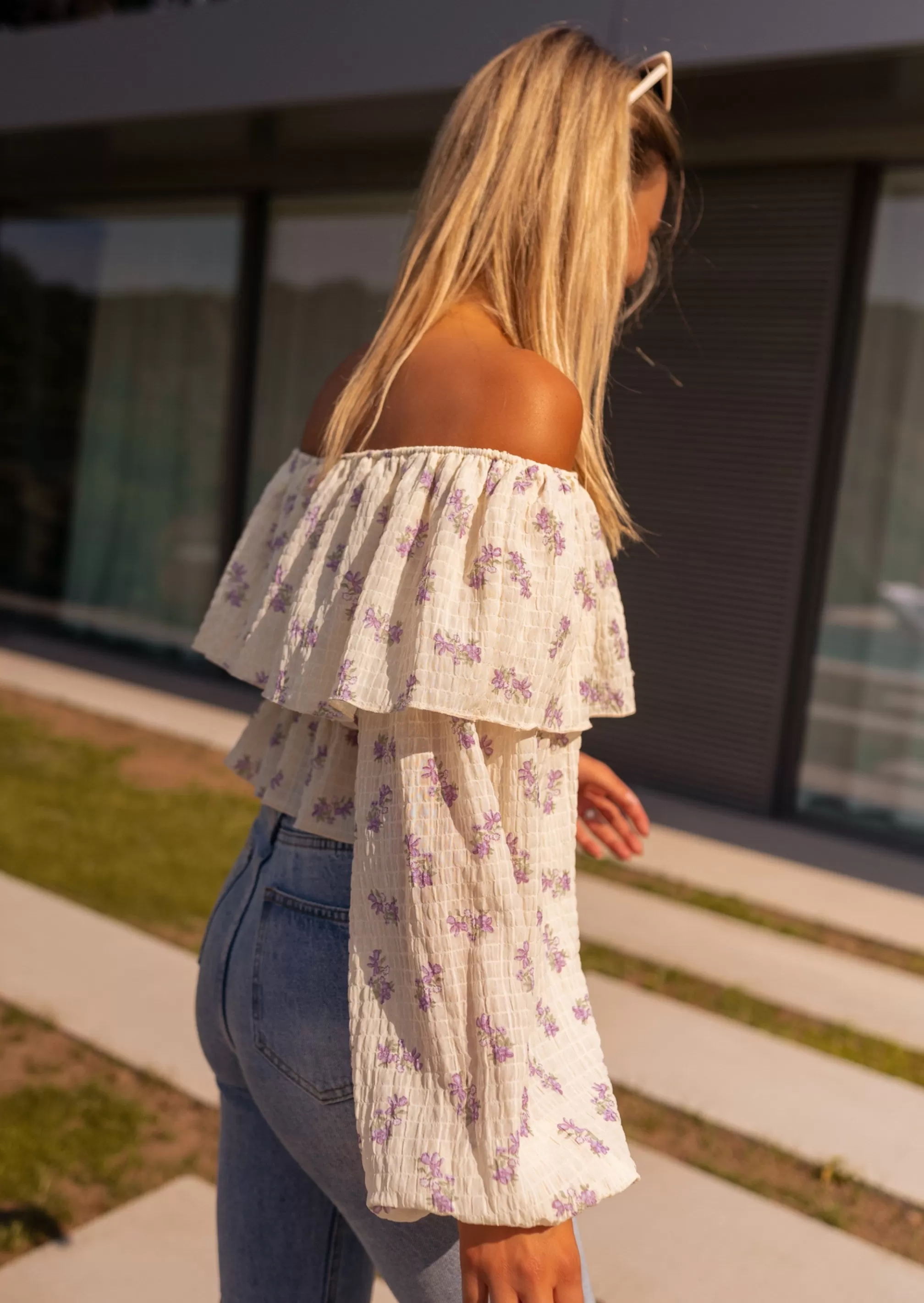 Beige Paola Blouse And Purple Flower | Bardot Collar Blouse | Ready To-Porter Online | -Easy Clothes New