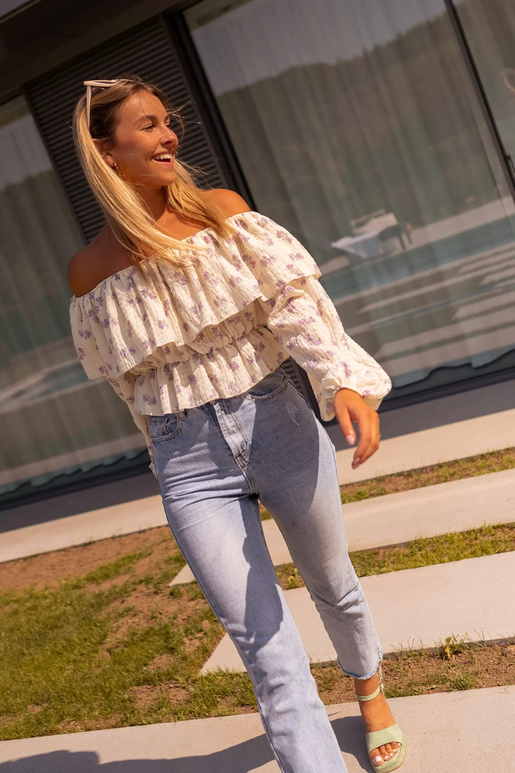 Beige Paola Blouse And Purple Flower | Bardot Collar Blouse | Ready To-Porter Online | -Easy Clothes New