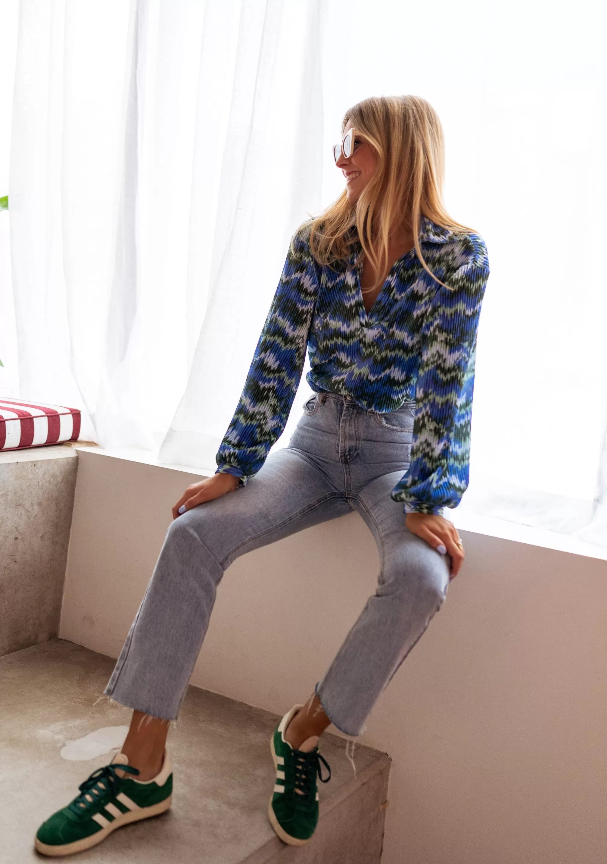 Gleda Green And Blue Blouse | Pleated Blouse Patterned | Ready To-Porter Online | -Easy Clothes Outlet