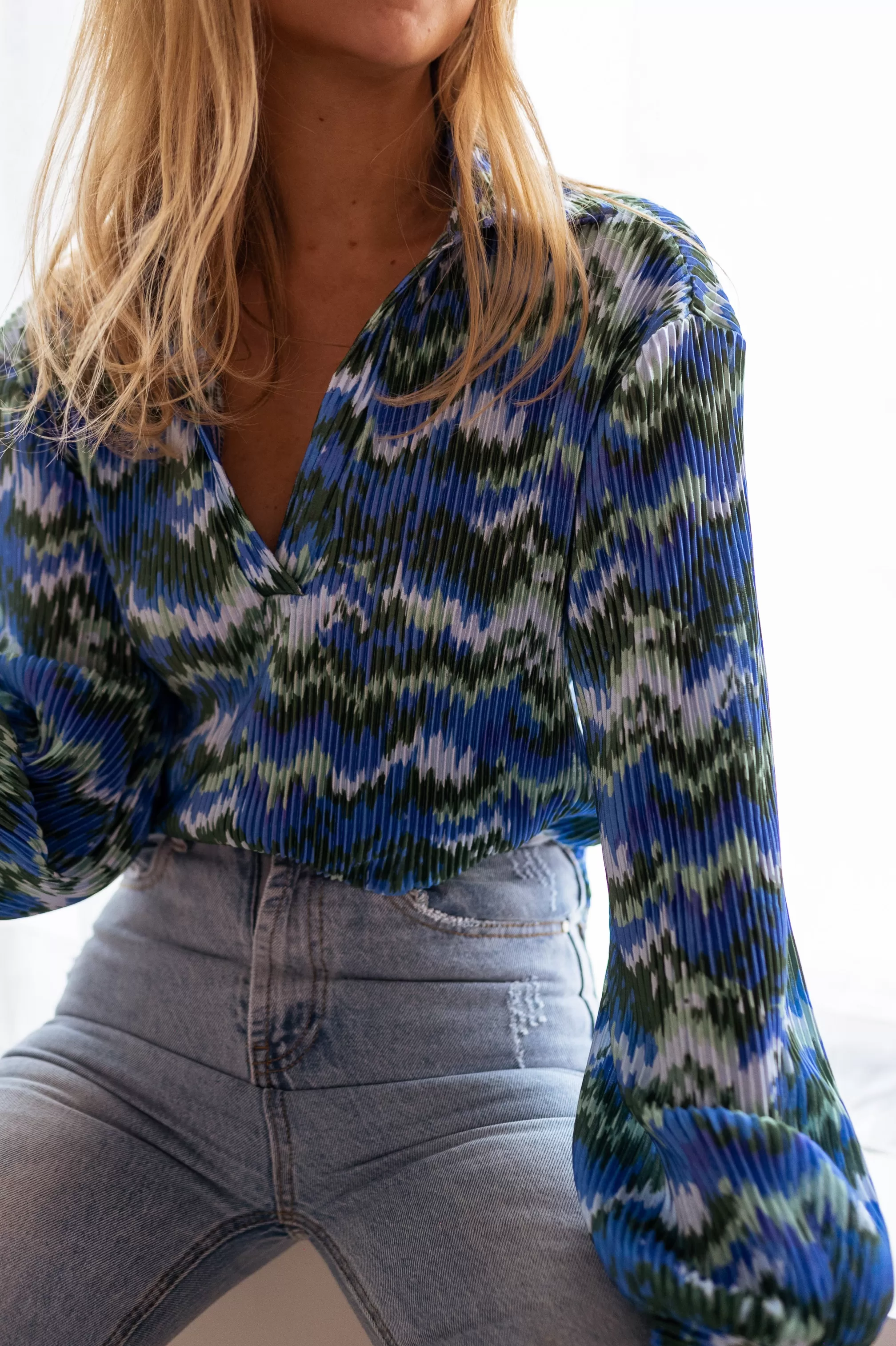 Gleda Green And Blue Blouse | Pleated Blouse Patterned | Ready To-Porter Online | -Easy Clothes Outlet