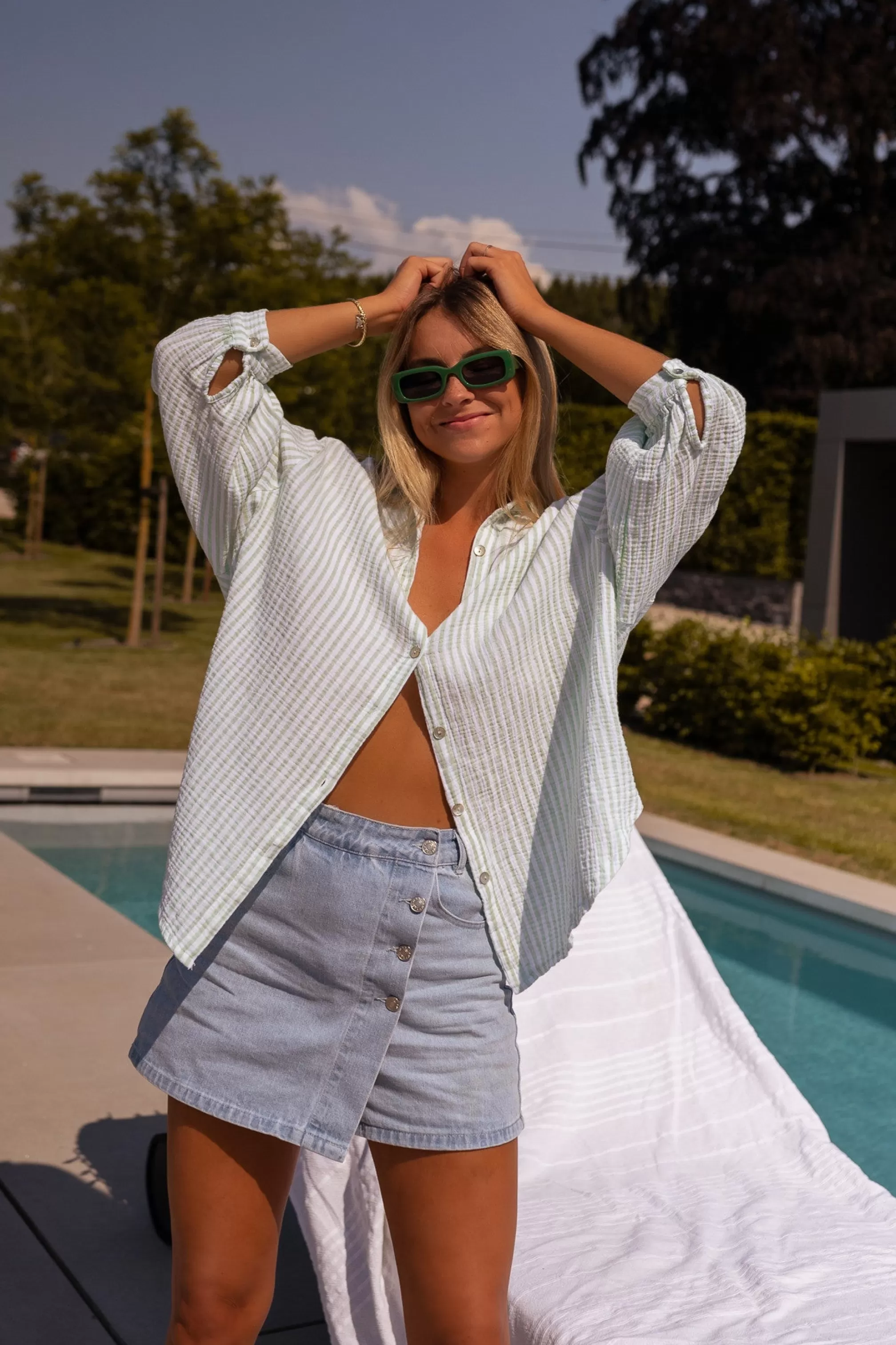 Green And White Bianca Shirt In CONTON GAUZE | Large Shirt In Cotton | Ready To-Porter Online | -Easy Clothes Discount