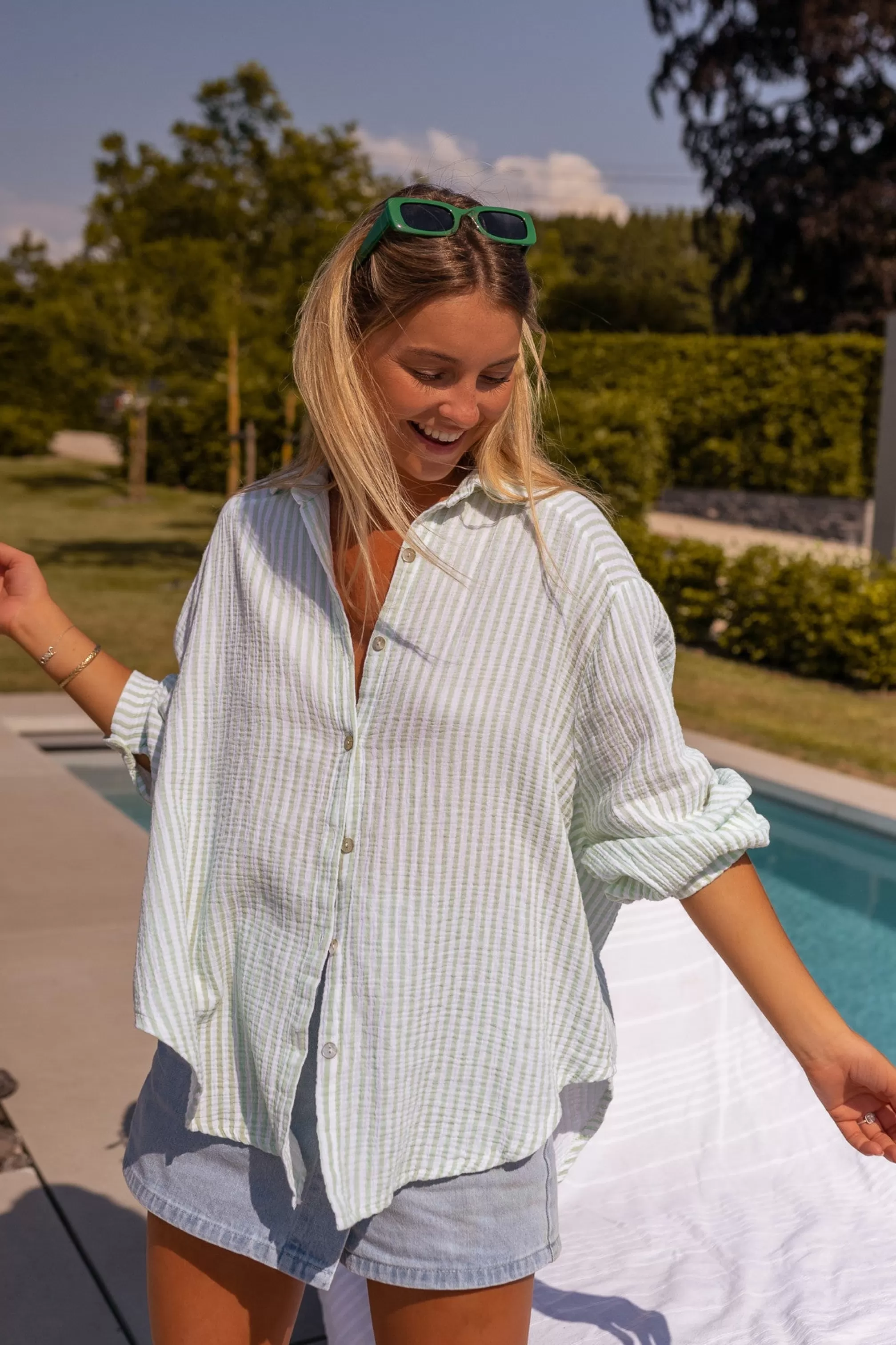 Green And White Bianca Shirt In CONTON GAUZE | Large Shirt In Cotton | Ready To-Porter Online | -Easy Clothes Discount