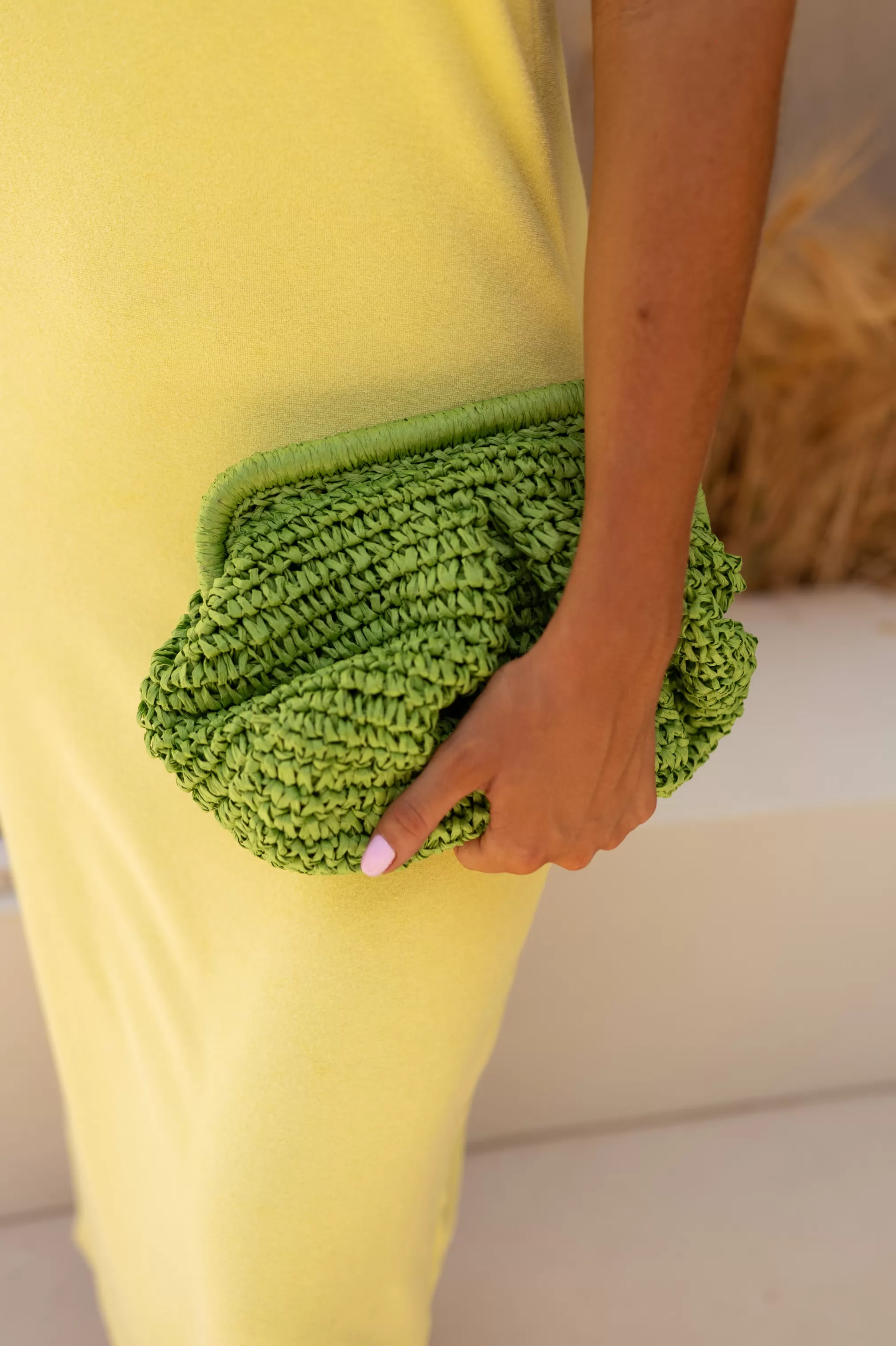Green Raphia Bag - Jerry - Interior Pocket - Accessories-Easy Clothes Online