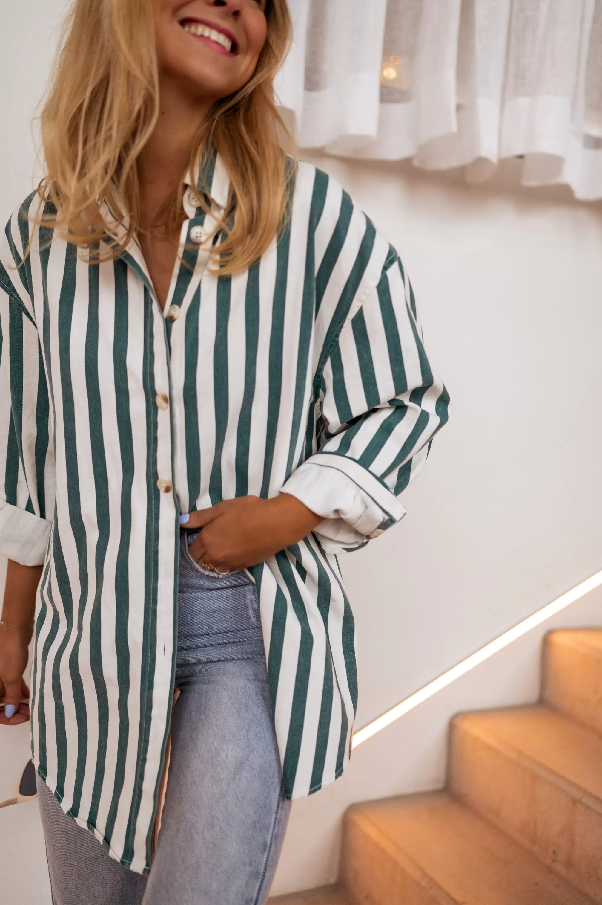 Kalina Shirt Lined Green Jeans Effect | Oversized Shirt | Ready To-Porter Online | -Easy Clothes Shop