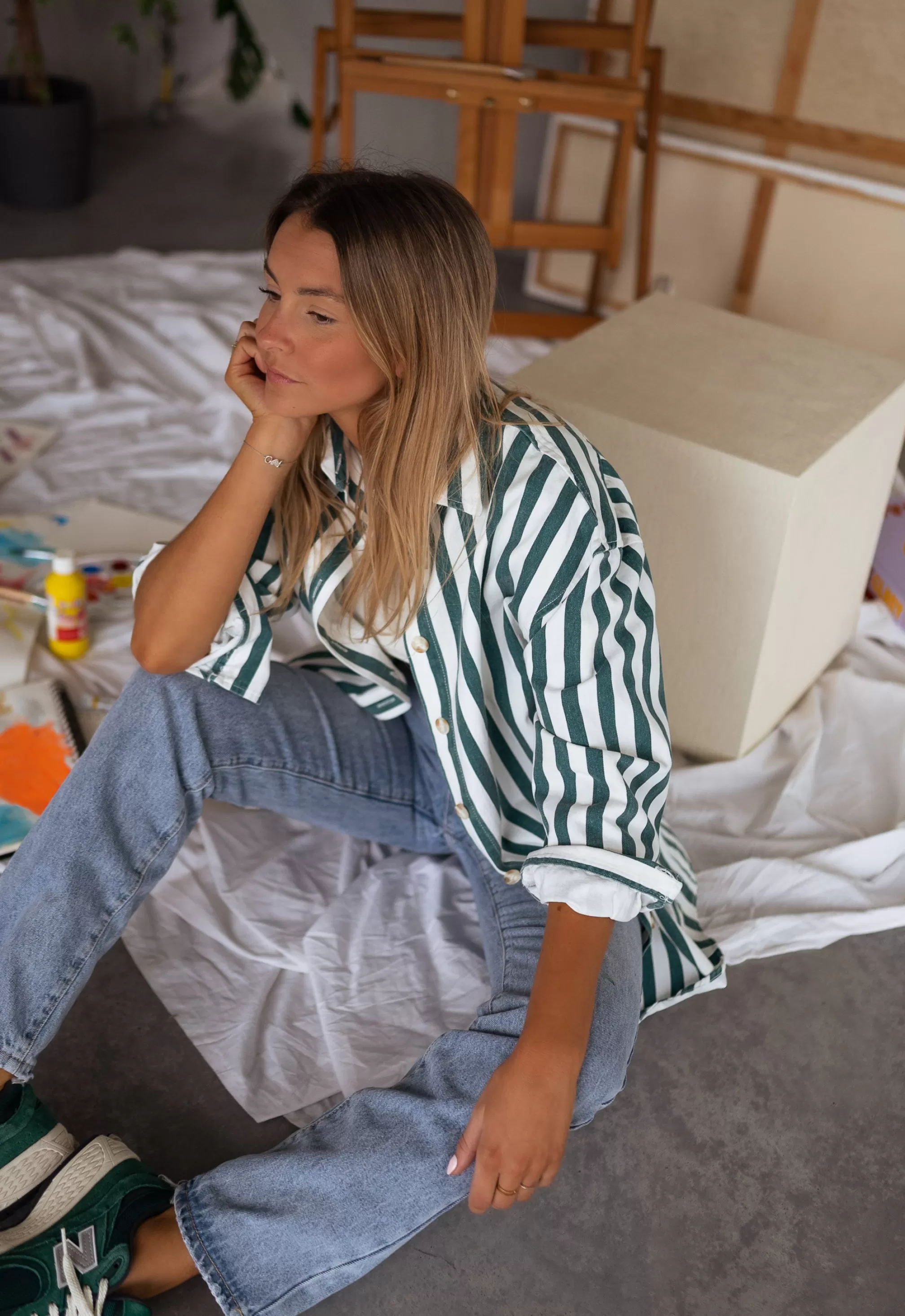 Kalina Shirt Lined Green Jeans Effect | Oversized Shirt | Ready To-Porter Online | -Easy Clothes Shop