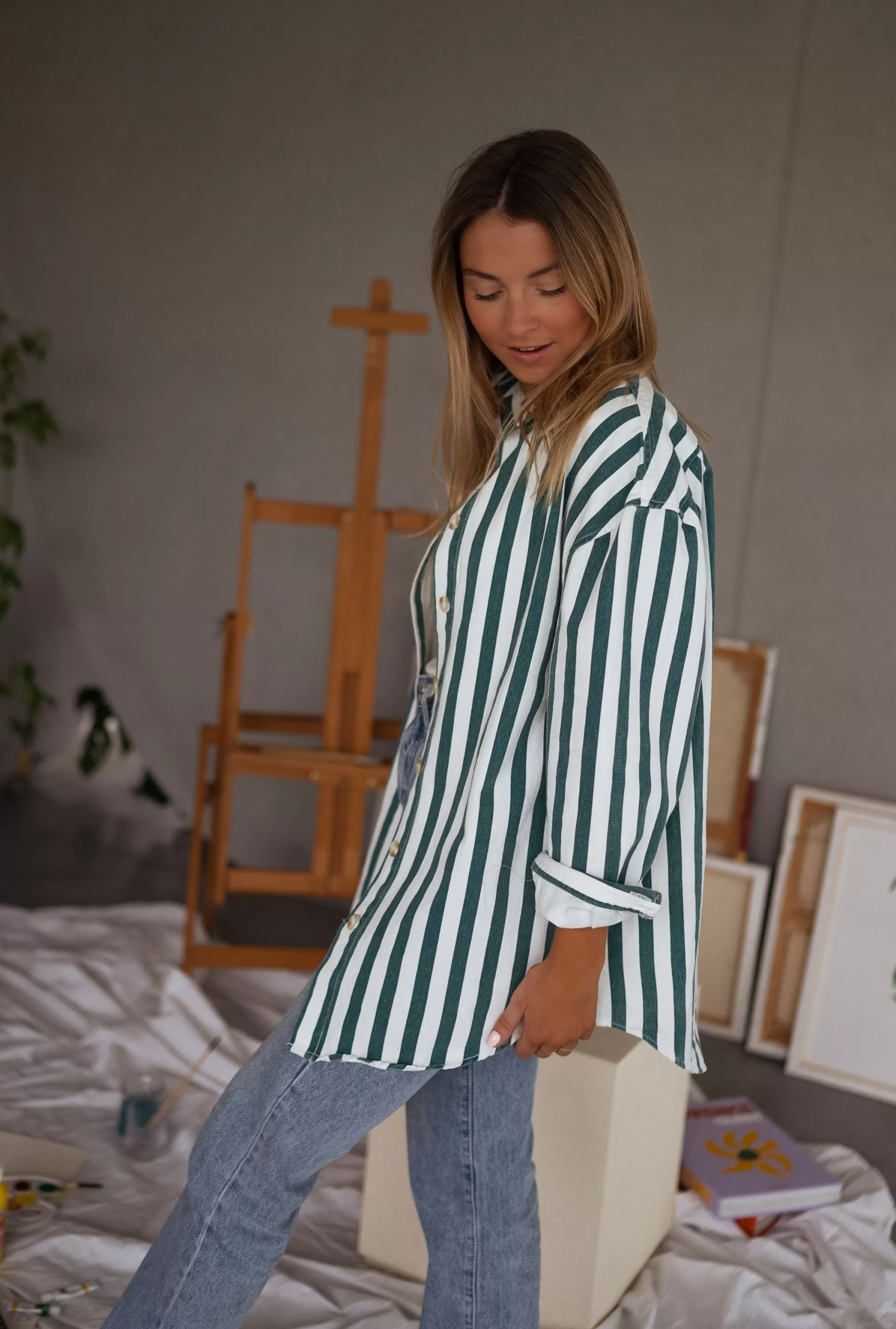 Kalina Shirt Lined Green Jeans Effect | Oversized Shirt | Ready To-Porter Online | -Easy Clothes Shop