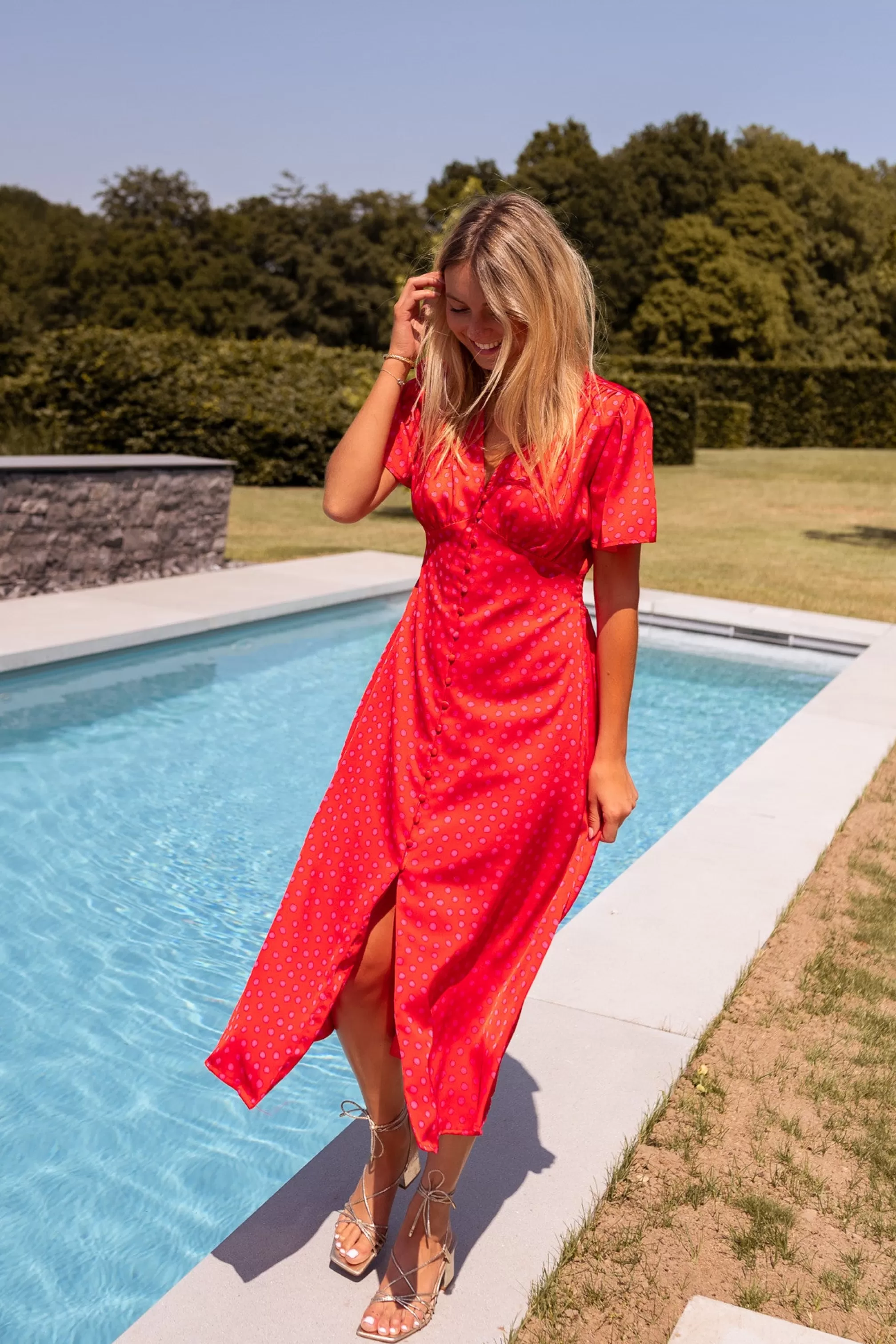 Long DressBaya Pink Polka Dots | Dress Red Midi | Ready To-Porter Online | -Easy Clothes Shop