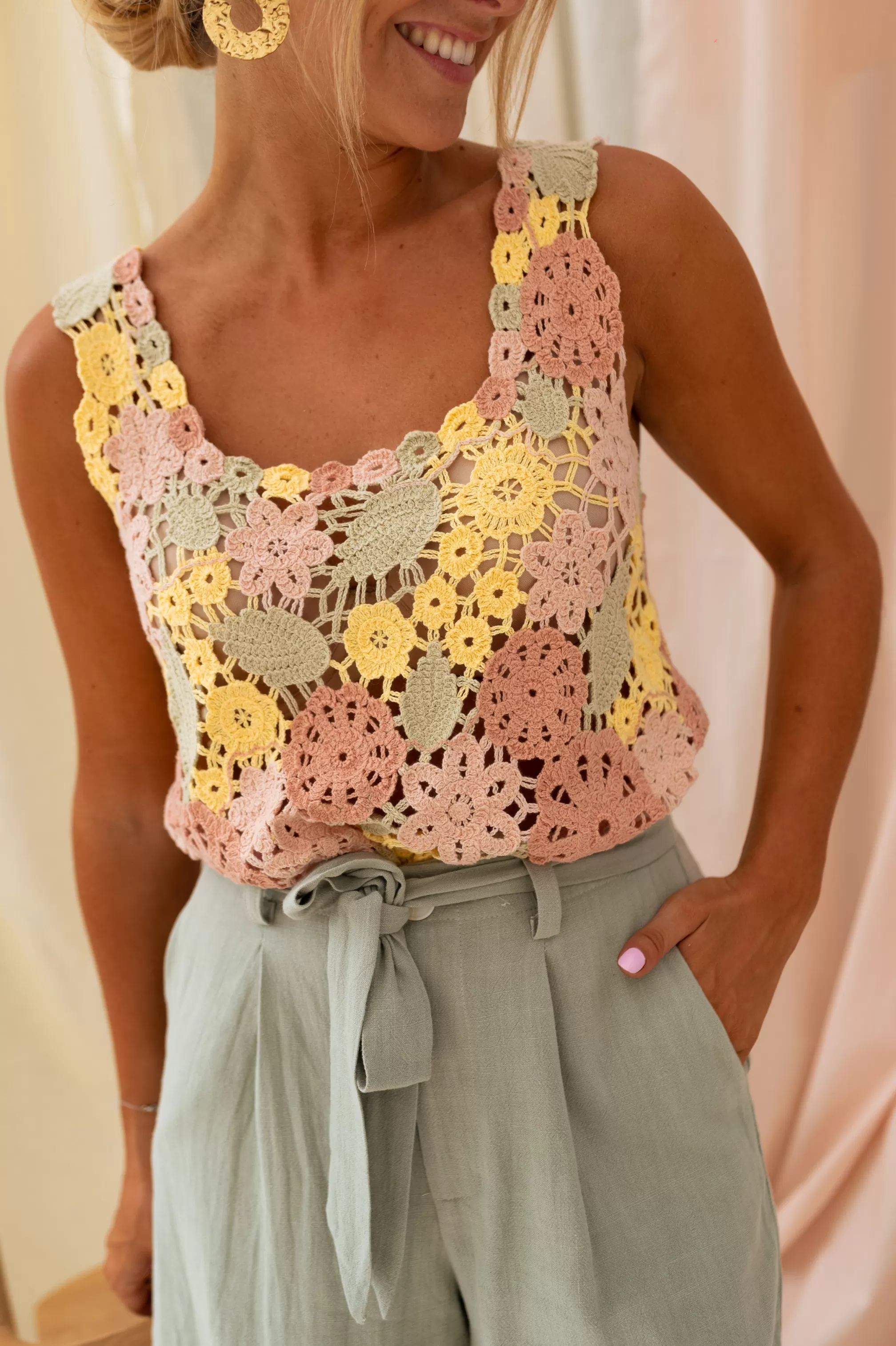 Top In Crochet Florryne - Pink, YELLOW & Khaki - Women's Clothing Summer-Easy Clothes Cheap