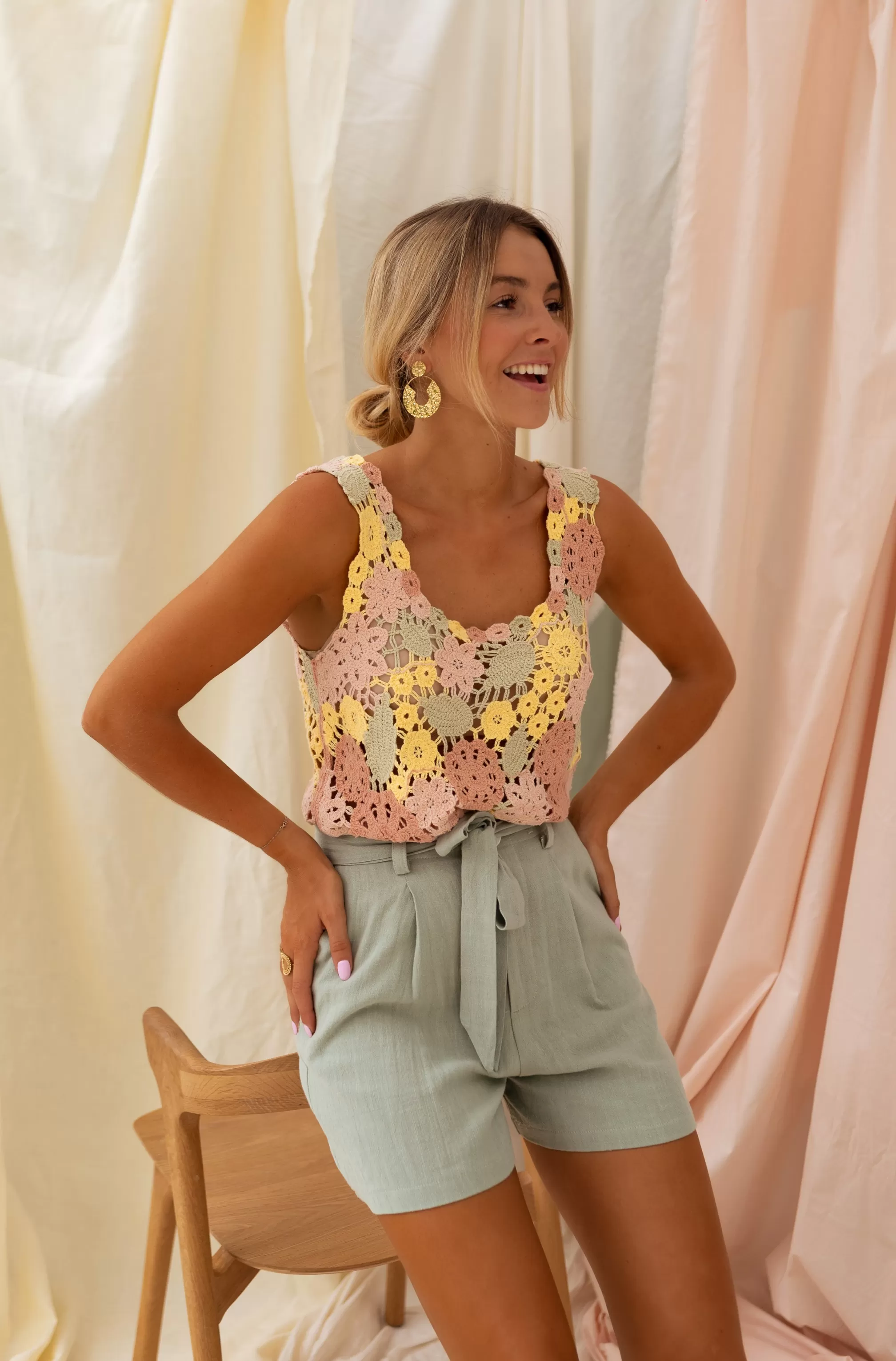 Top In Crochet Florryne - Pink, YELLOW & Khaki - Women's Clothing Summer-Easy Clothes Cheap